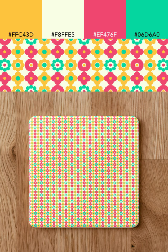 the colors one bright-contrast tile is drawn in, with their hex codes, and the tile printed on a coaster