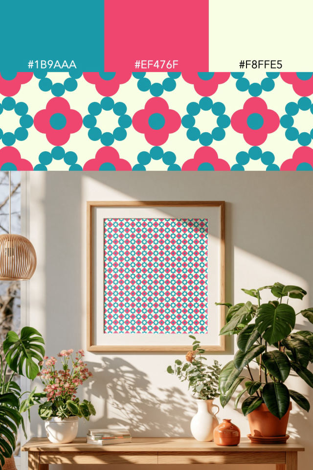 the colors one bright-contrast tile is drawn in, with their hex codes, and the tile printed on a frame