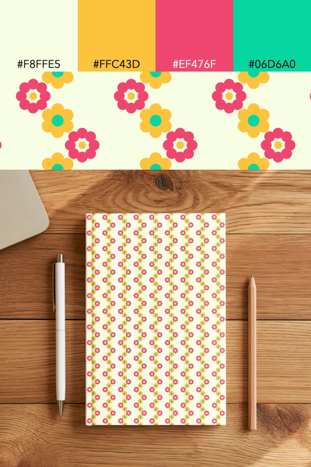 the colors one bright-contrast tile is drawn in, with their hex codes, and the tile printed on a notebook