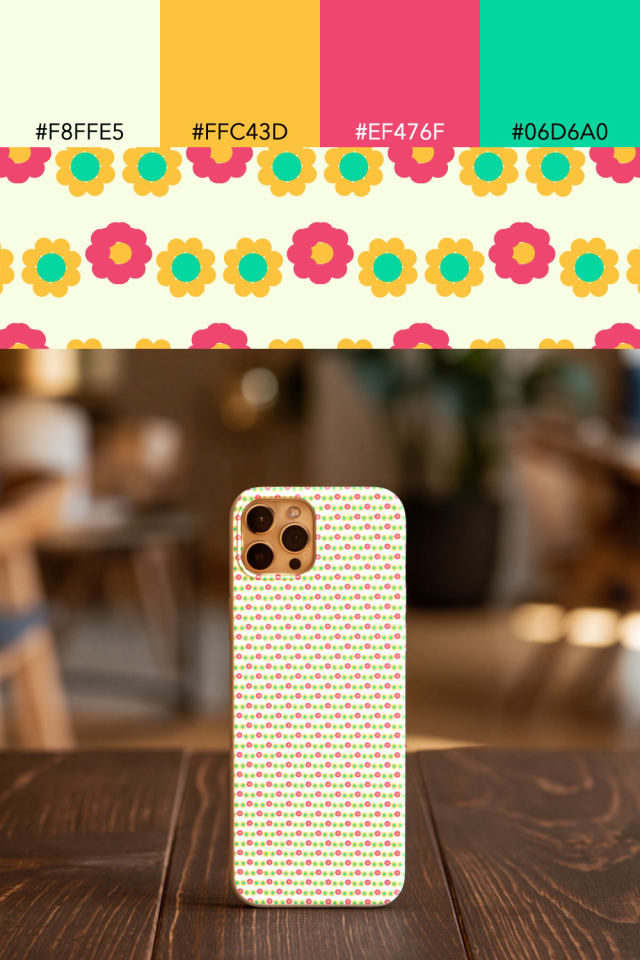 the colors one bright-contrast tile is drawn in, with their hex codes, and the tile printed on a phone case