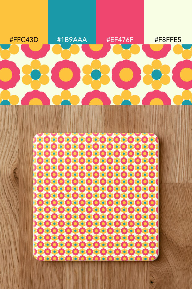 the colors one bright-contrast tile is drawn in, with their hex codes, and the tile printed on a coaster