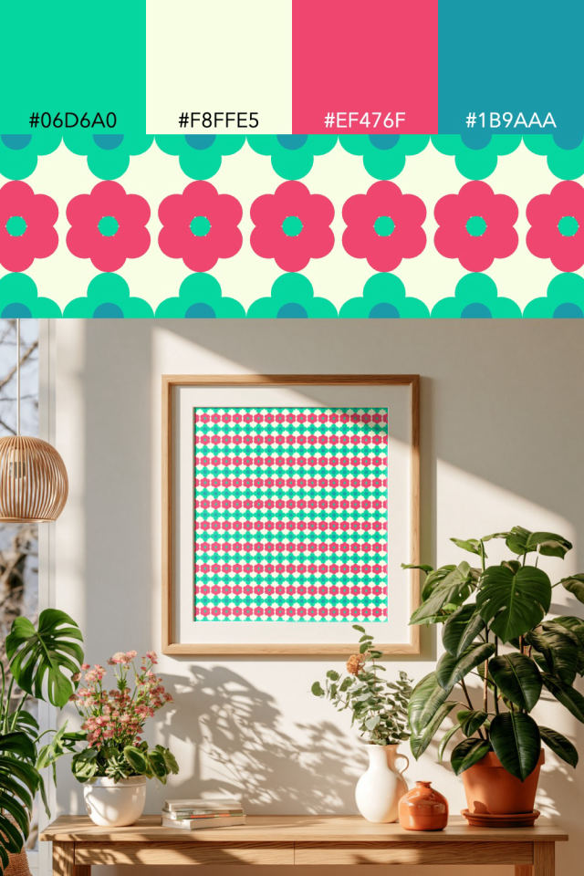 the colors one bright-contrast tile is drawn in, with their hex codes, and the tile printed on a frame