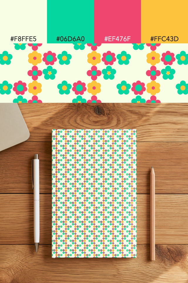the colors one bright-contrast tile is drawn in, with their hex codes, and the tile printed on a notebook