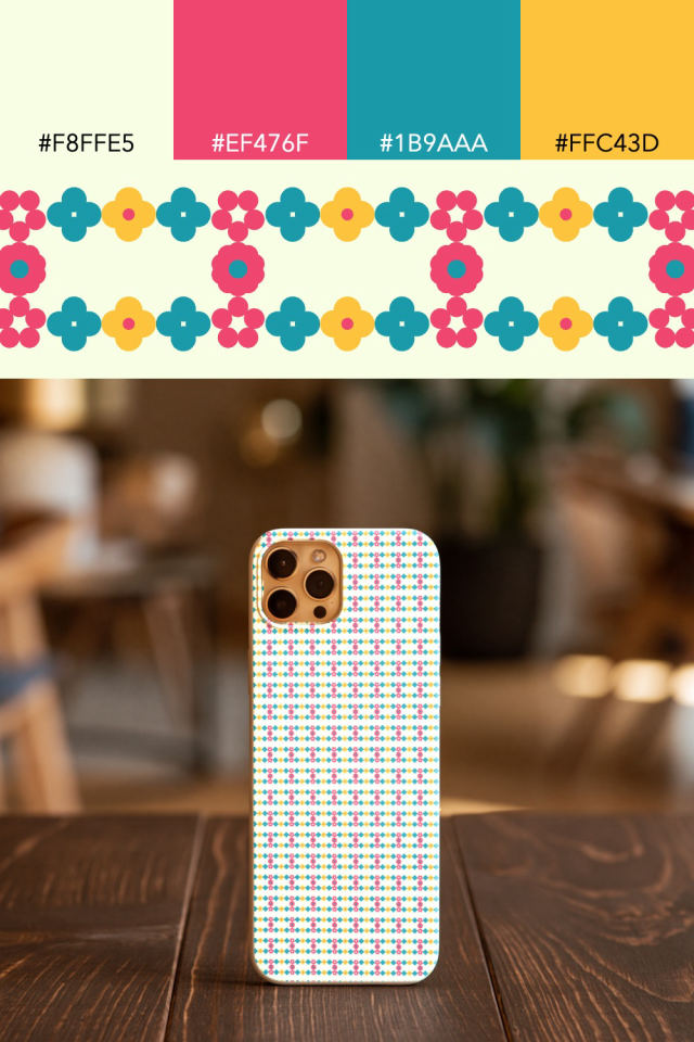 the colors one bright-contrast tile is drawn in, with their hex codes, and the tile printed on a phone case