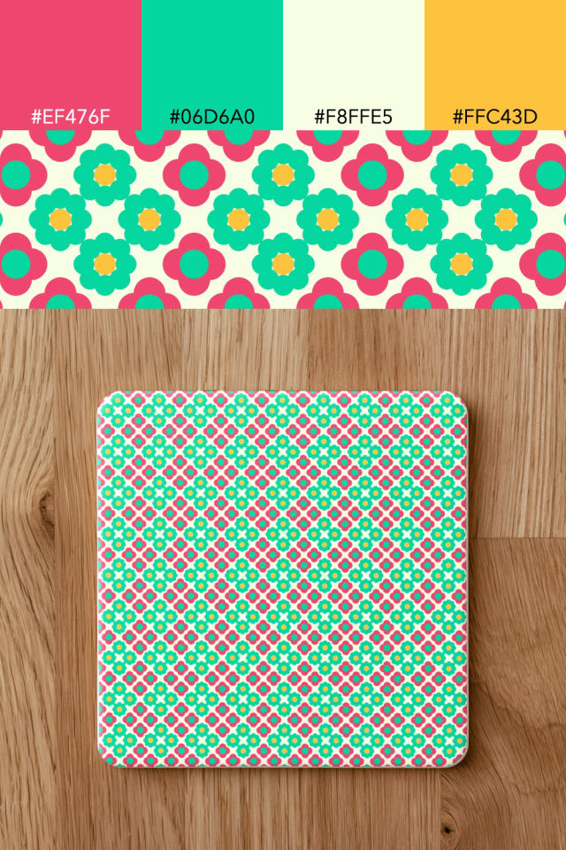 the colors one bright-contrast tile is drawn in, with their hex codes, and the tile printed on a coaster