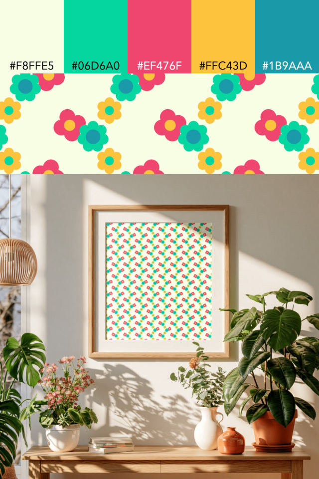 the colors one bright-contrast tile is drawn in, with their hex codes, and the tile printed on a frame