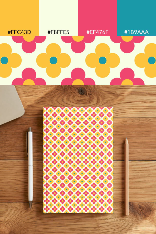 the colors one bright-contrast tile is drawn in, with their hex codes, and the tile printed on a notebook