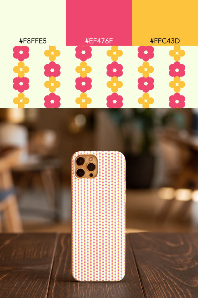 the colors one bright-contrast tile is drawn in, with their hex codes, and the tile printed on a phone case