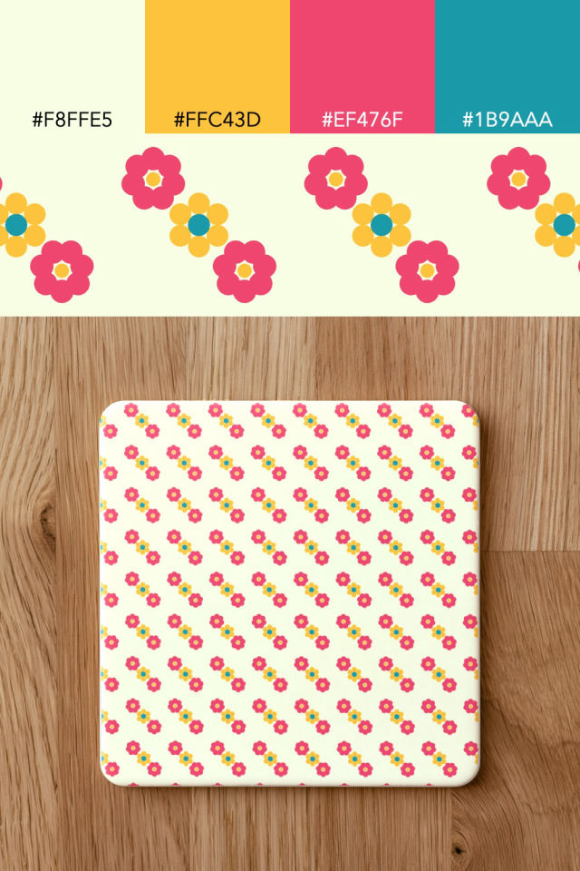 the colors one bright-contrast tile is drawn in, with their hex codes, and the tile printed on a coaster