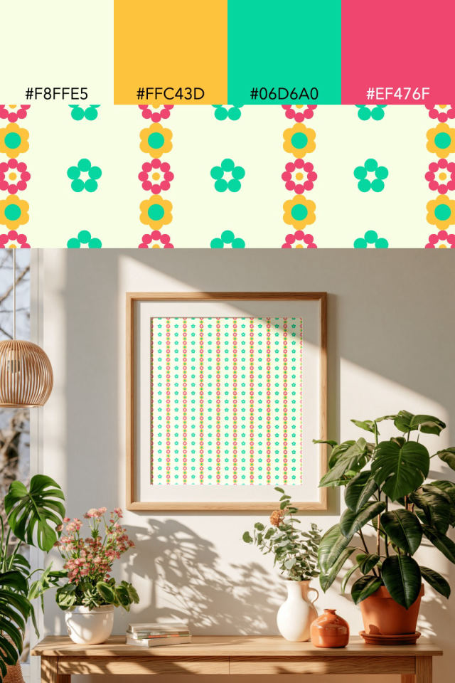 the colors one bright-contrast tile is drawn in, with their hex codes, and the tile printed on a frame