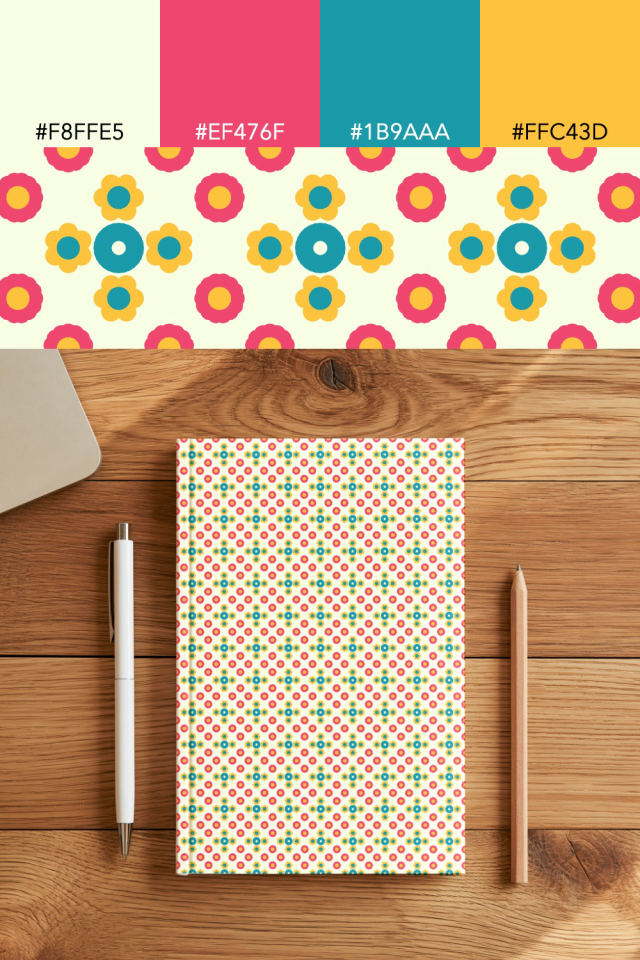 the colors one bright-contrast tile is drawn in, with their hex codes, and the tile printed on a notebook