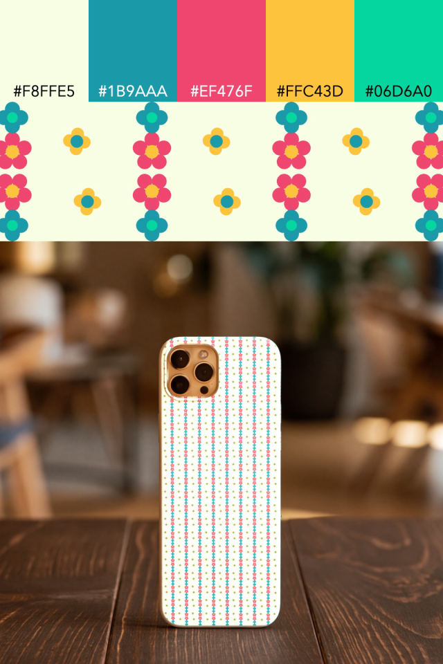the colors one bright-contrast tile is drawn in, with their hex codes, and the tile printed on a phone case