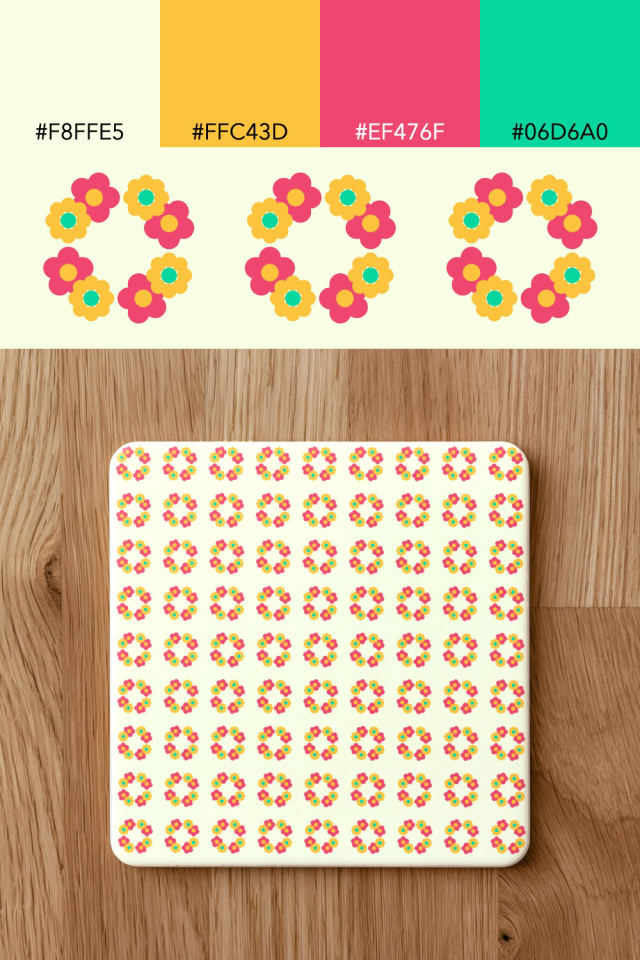 the colors one bright-contrast tile is drawn in, with their hex codes, and the tile printed on a coaster