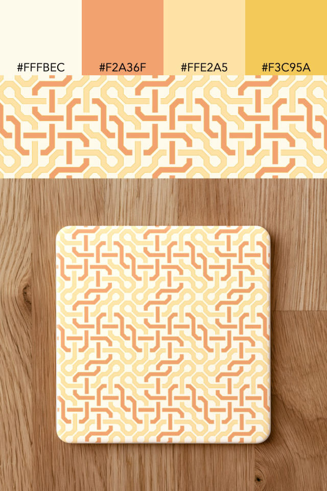 the colors one peachy-rose tile is drawn in, with their hex codes, and the tile printed on a coaster