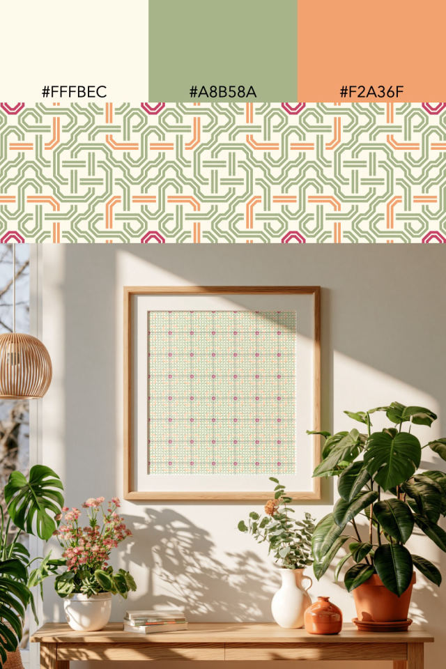 the colors one peachy-rose tile is drawn in, with their hex codes, and the tile printed on a frame