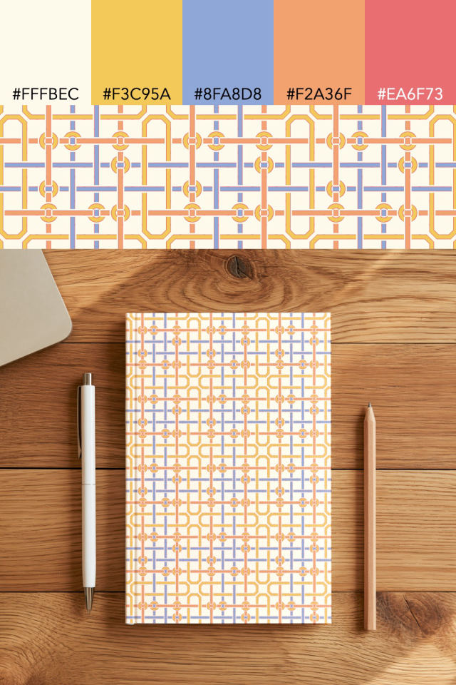 the colors one peachy-rose tile is drawn in, with their hex codes, and the tile printed on a notebook