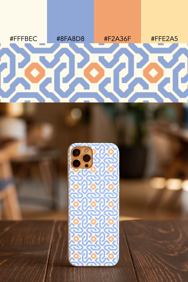 the colors one peachy-rose tile is drawn in, with their hex codes, and the tile printed on a phone case