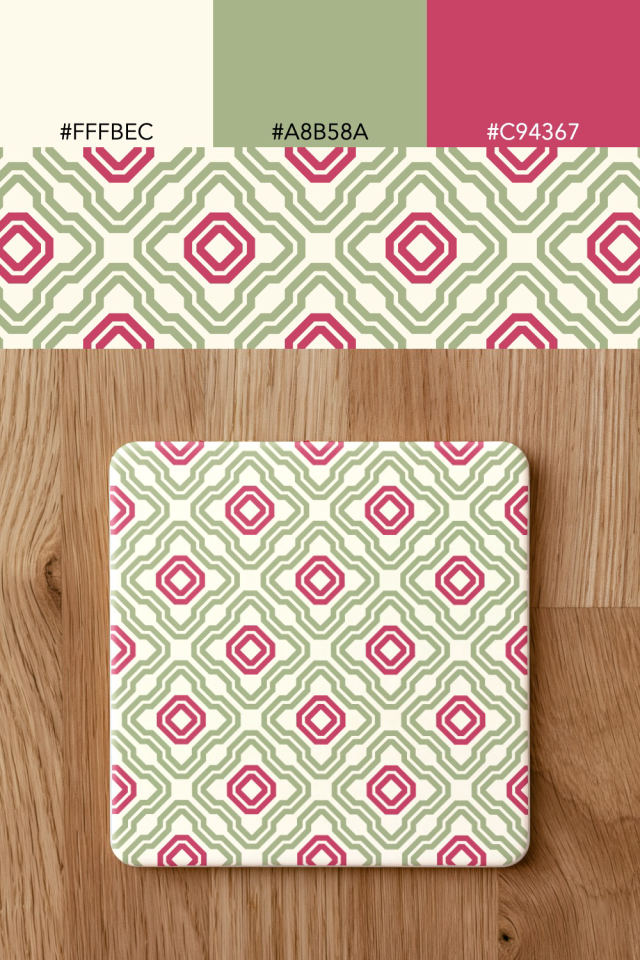 the colors one peachy-rose tile is drawn in, with their hex codes, and the tile printed on a coaster