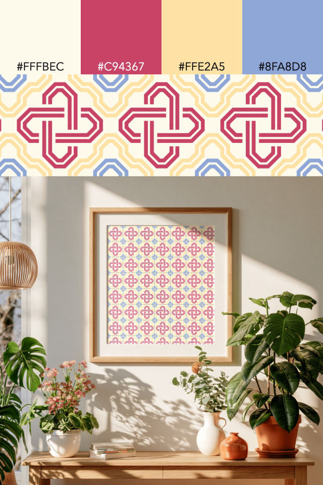 the colors one peachy-rose tile is drawn in, with their hex codes, and the tile printed on a frame