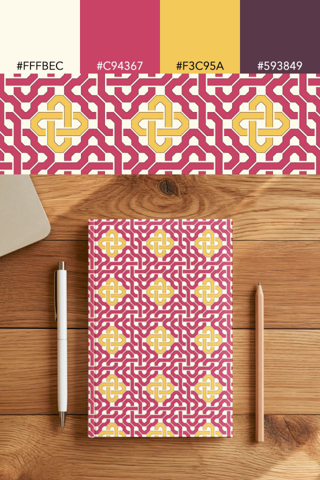 the colors one peachy-rose tile is drawn in, with their hex codes, and the tile printed on a notebook
