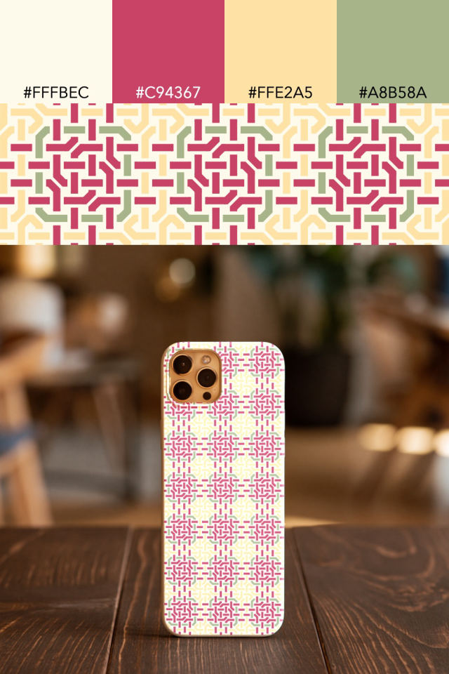 the colors one peachy-rose tile is drawn in, with their hex codes, and the tile printed on a phone case