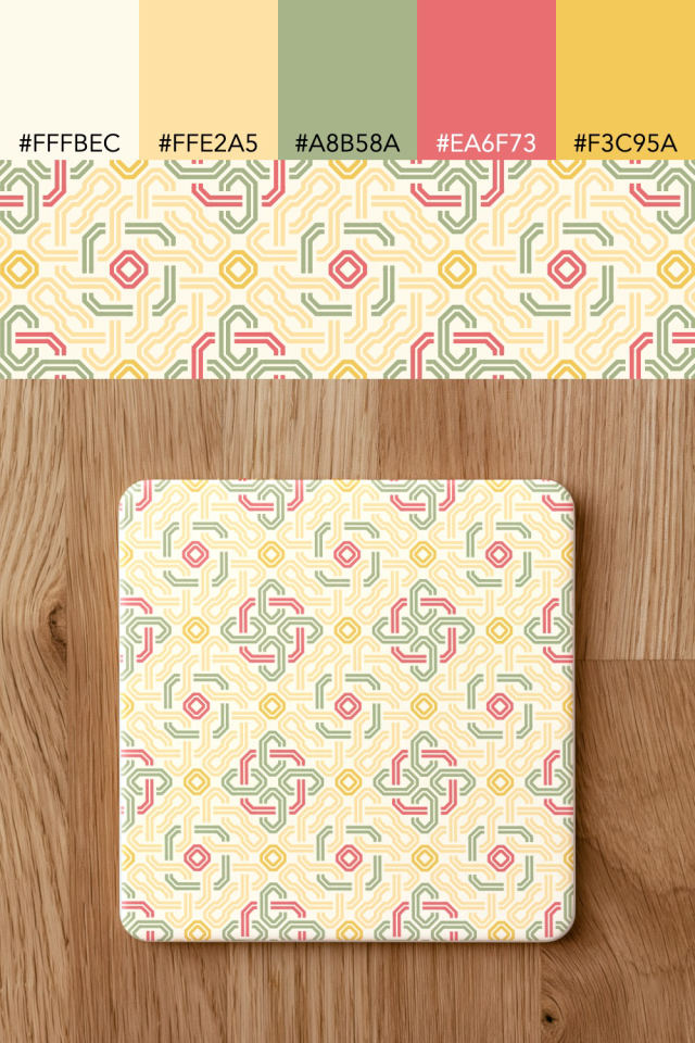 the colors one peachy-rose tile is drawn in, with their hex codes, and the tile printed on a coaster