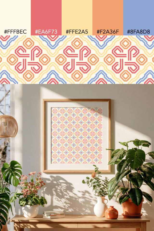 the colors one peachy-rose tile is drawn in, with their hex codes, and the tile printed on a frame
