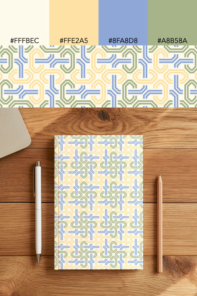 the colors one peachy-rose tile is drawn in, with their hex codes, and the tile printed on a notebook