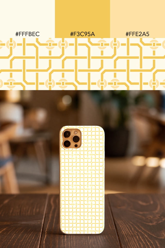 the colors one peachy-rose tile is drawn in, with their hex codes, and the tile printed on a phone case