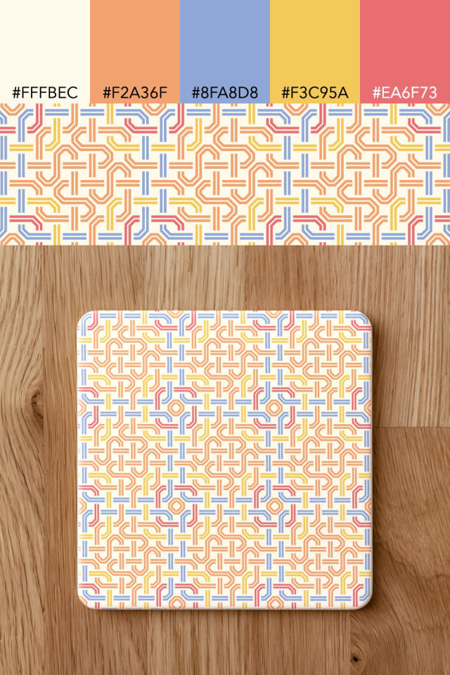 the colors one peachy-rose tile is drawn in, with their hex codes, and the tile printed on a coaster