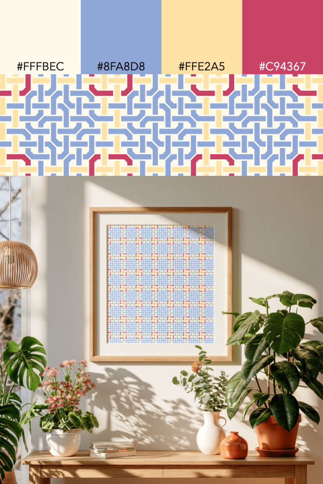 the colors one peachy-rose tile is drawn in, with their hex codes, and the tile printed on a frame