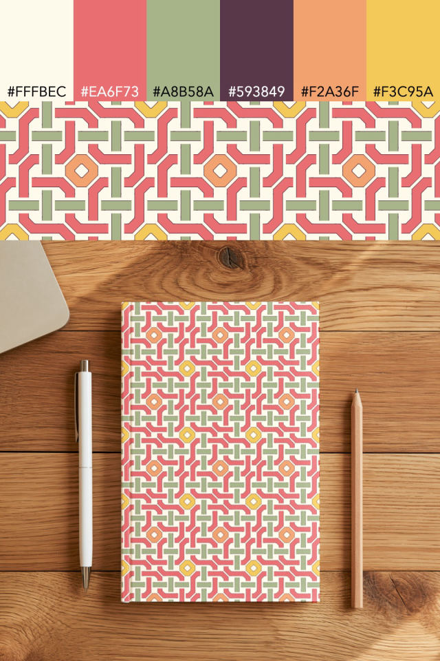 the colors one peachy-rose tile is drawn in, with their hex codes, and the tile printed on a notebook