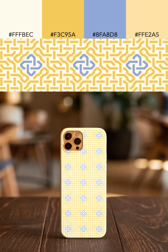 the colors one peachy-rose tile is drawn in, with their hex codes, and the tile printed on a phone case