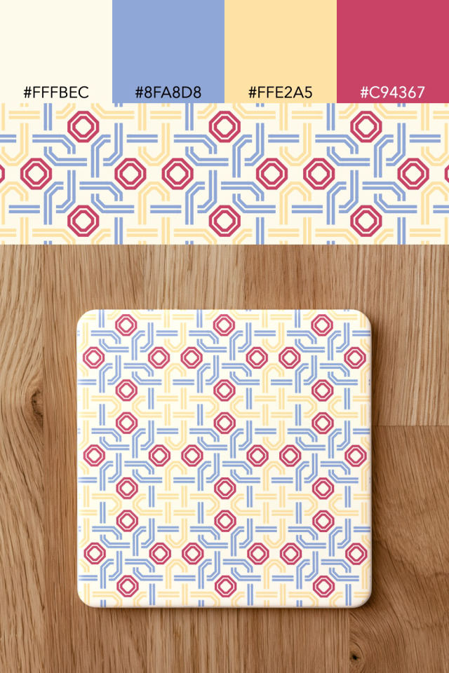 the colors one peachy-rose tile is drawn in, with their hex codes, and the tile printed on a coaster