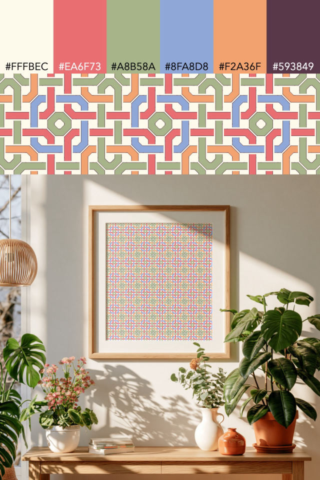 the colors one peachy-rose tile is drawn in, with their hex codes, and the tile printed on a frame