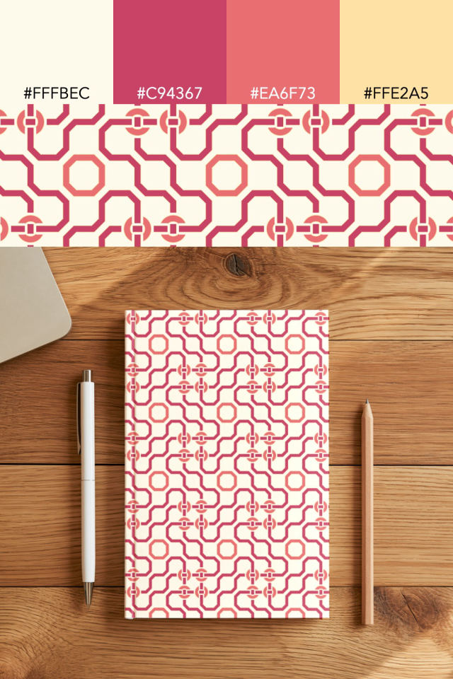 the colors one peachy-rose tile is drawn in, with their hex codes, and the tile printed on a notebook