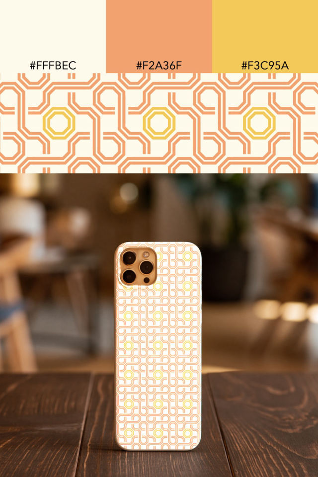 the colors one peachy-rose tile is drawn in, with their hex codes, and the tile printed on a phone case