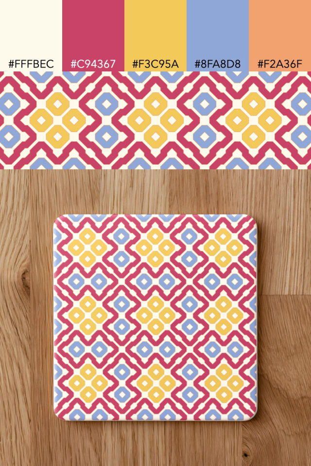 the colors one peachy-rose tile is drawn in, with their hex codes, and the tile printed on a coaster