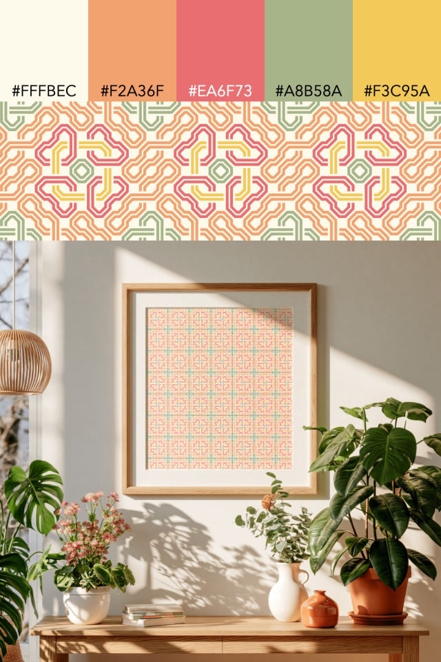 the colors one peachy-rose tile is drawn in, with their hex codes, and the tile printed on a frame