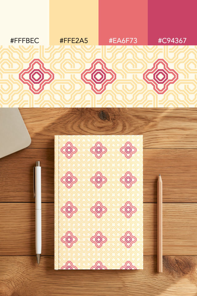 the colors one peachy-rose tile is drawn in, with their hex codes, and the tile printed on a notebook