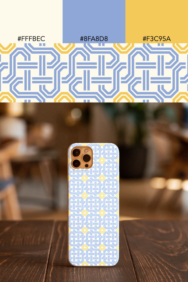 the colors one peachy-rose tile is drawn in, with their hex codes, and the tile printed on a phone case