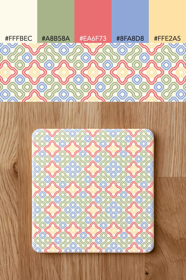 the colors one peachy-rose tile is drawn in, with their hex codes, and the tile printed on a coaster