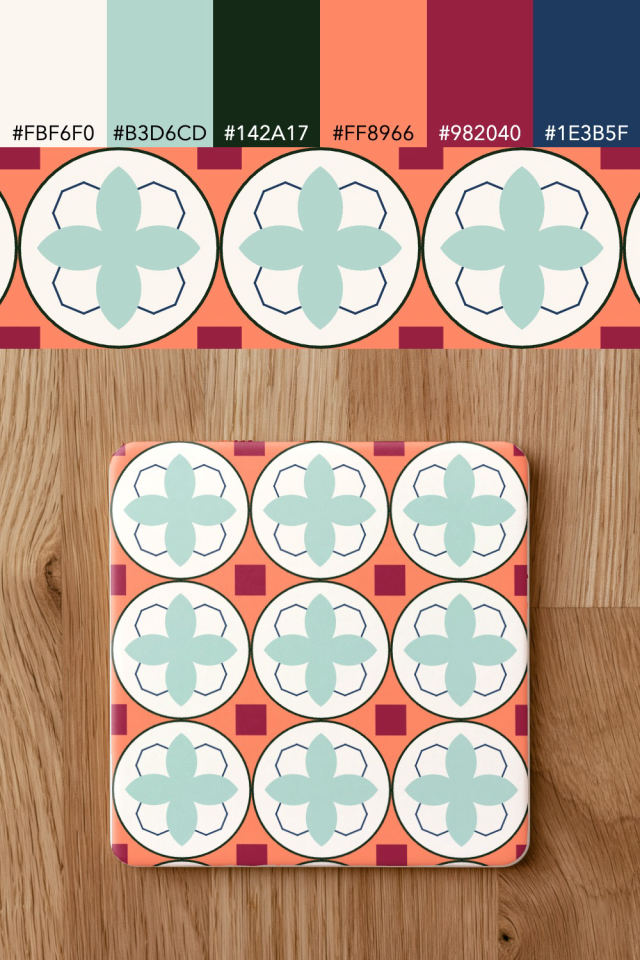 the colors one coral navy tile is drawn in, with their hex codes, and the tile printed on a coaster
