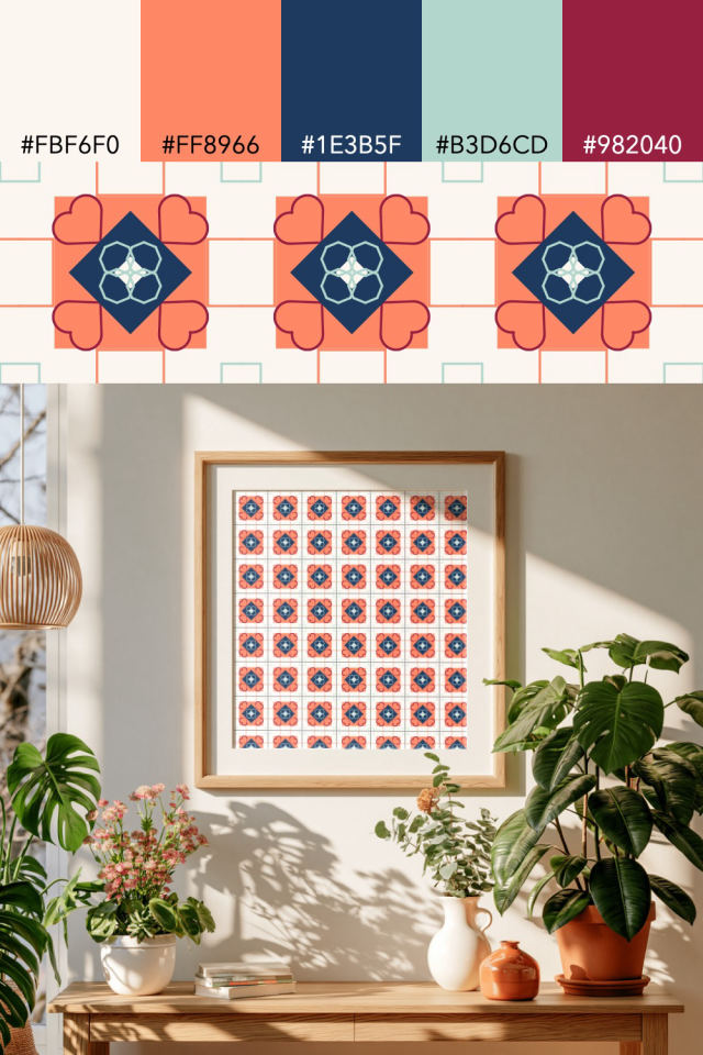 the colors one coral navy tile is drawn in, with their hex codes, and the tile printed on a frame