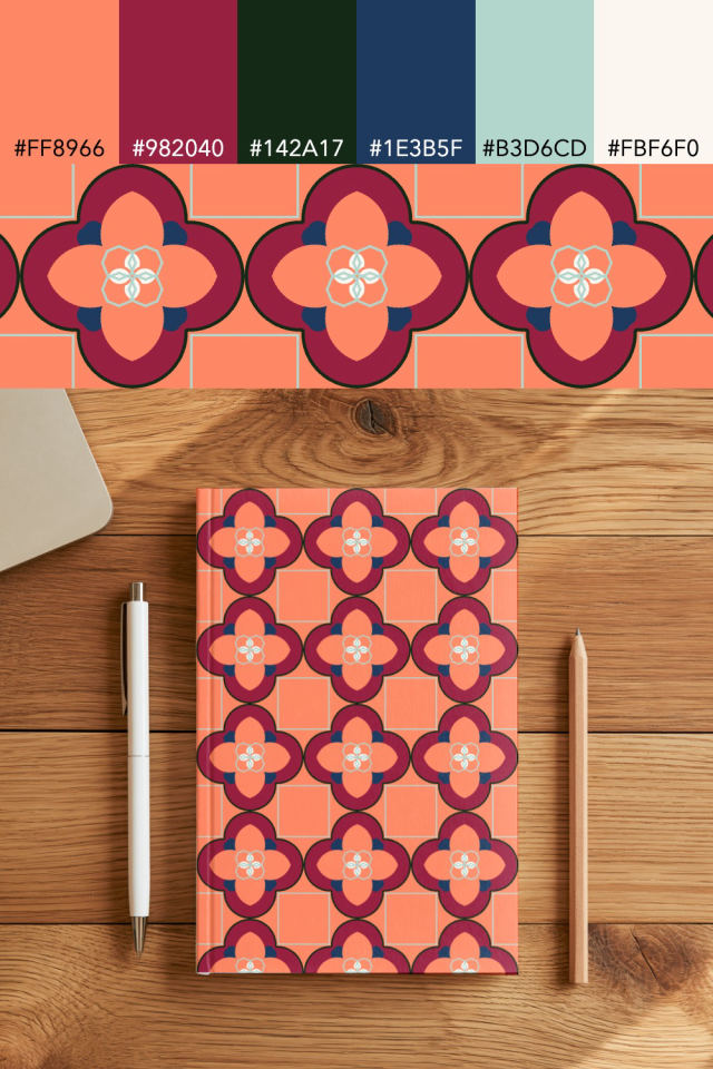 the colors one coral navy tile is drawn in, with their hex codes, and the tile printed on a notebook