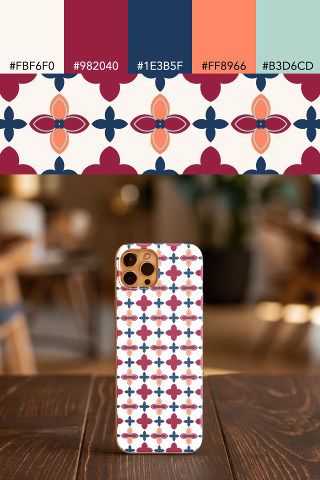 the colors one coral navy tile is drawn in, with their hex codes, and the tile printed on a phone case