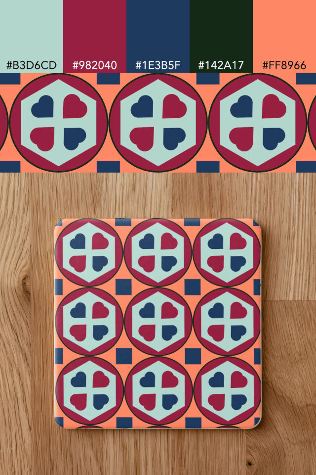 the colors one coral navy tile is drawn in, with their hex codes, and the tile printed on a coaster