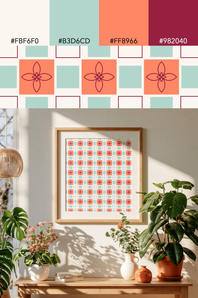 the colors one coral navy tile is drawn in, with their hex codes, and the tile printed on a frame