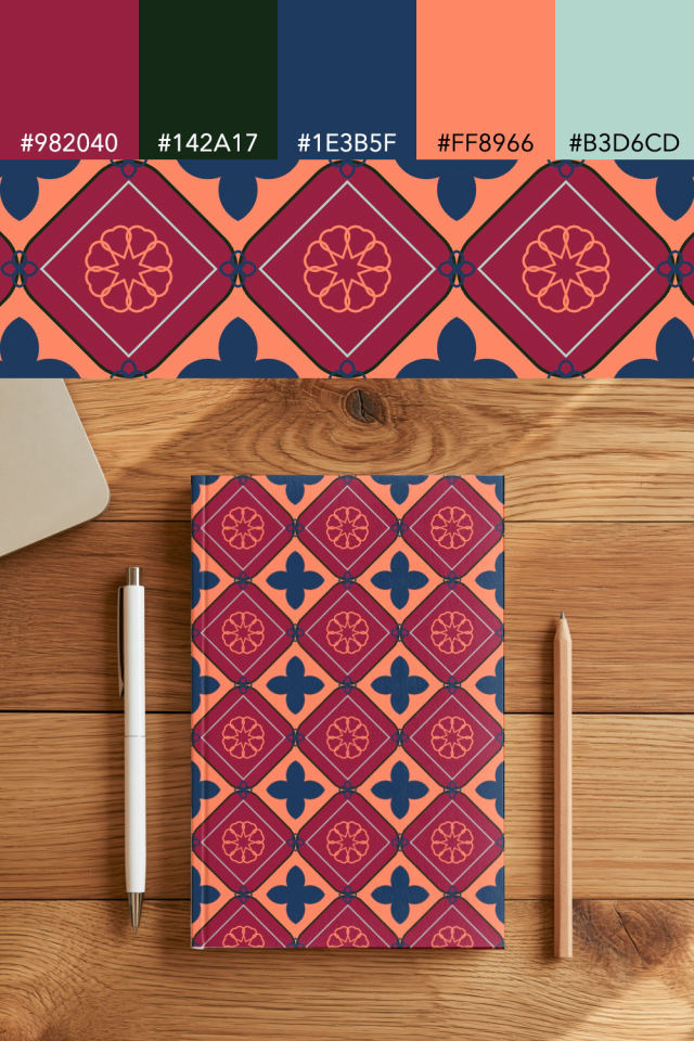 the colors one coral navy tile is drawn in, with their hex codes, and the tile printed on a notebook
