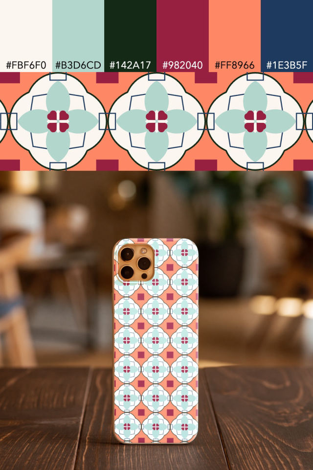 the colors one coral navy tile is drawn in, with their hex codes, and the tile printed on a phone case